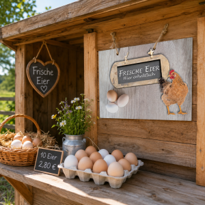 Schild Eierverkauf – "Frische Eier hier erhältich"