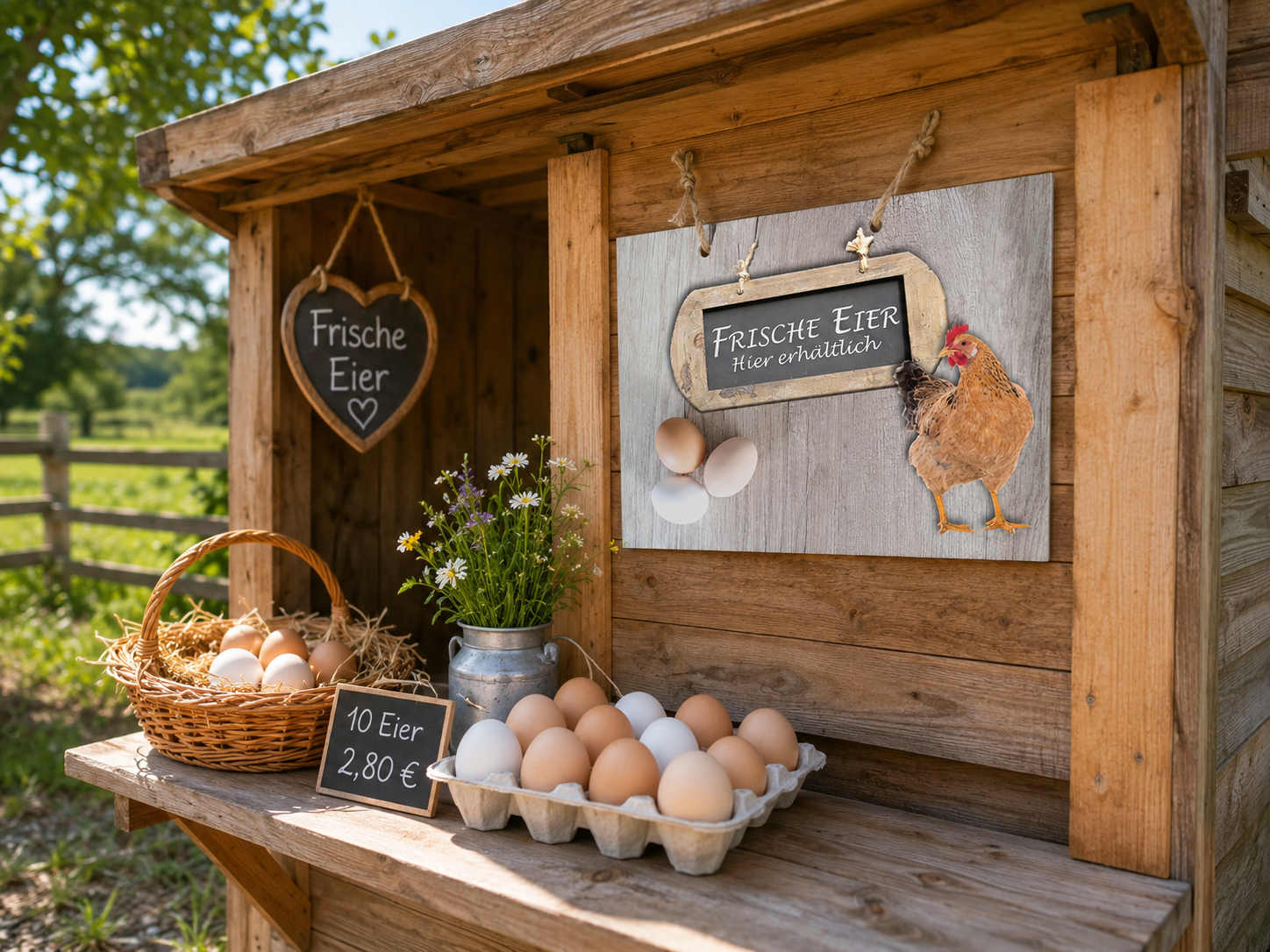 Schild Eierverkauf – "Frische Eier hier erhältich"