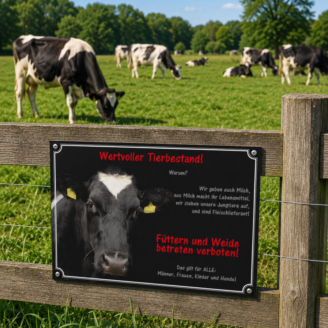 Weidezaunschild Kuh – "Wertvoller Tierbestand"