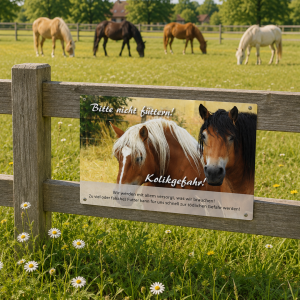 Weidezaunschild Pferd – Kaltblut "Bitte nicht füttern! Kolikgefahr!"
